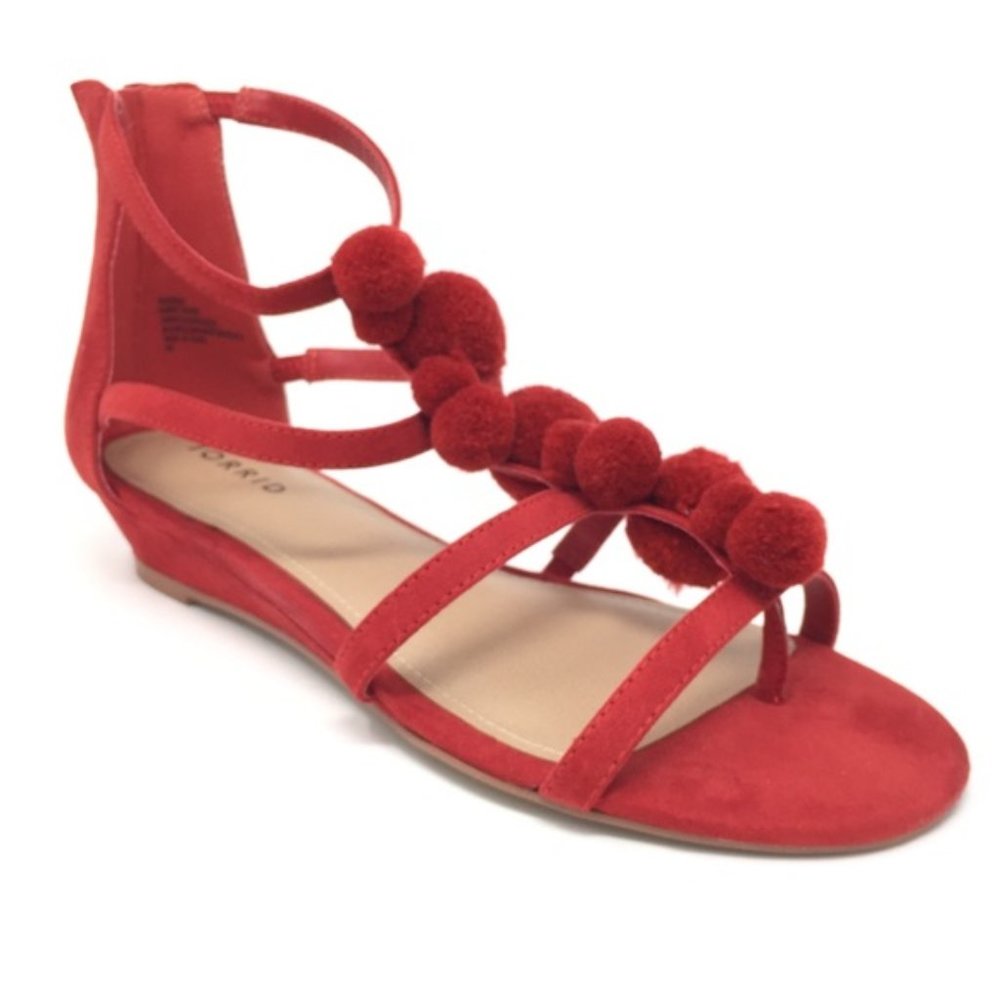 Torrid 11W Red pom-pom demi-wedge sandals